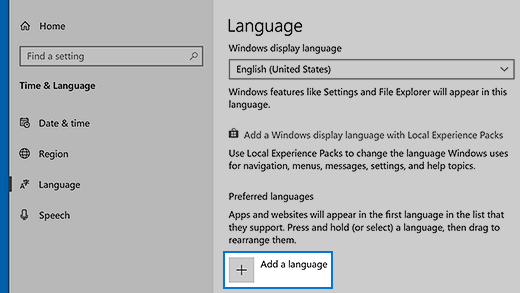 Configurações de idioma no Windows 10