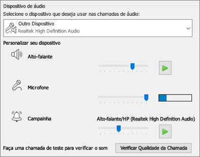 Configurações personalizadas -- alto-falante, microfone, campainha -- para dispositivo de áudio