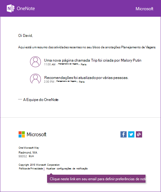 Uma mensagem de email de notificação do OneNote de exemplo