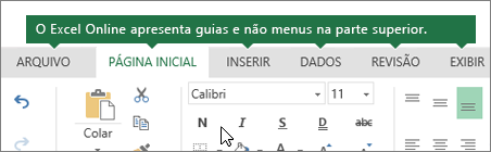 Página Inicial, Inserir, Dados, Exibir guias no Excel para a Web