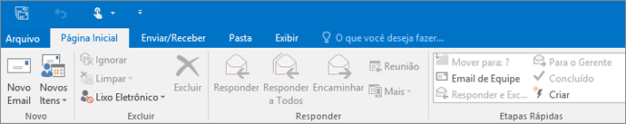 Essa é a aparência da faixa de opções no Outlook 2016.