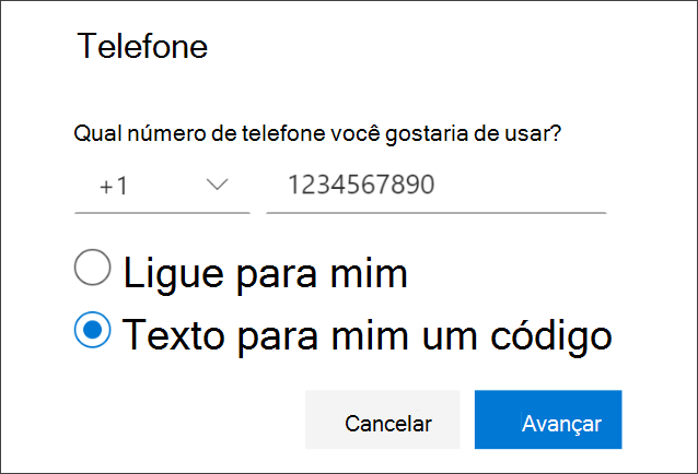 Captura de tela que mostra a página "Telefone", com "Text me a code" selecionado.