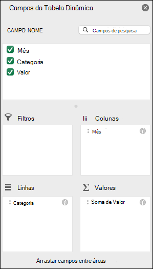 Exemplo do diálogo de lista de Campos da Tabela Dinâmica do Excel