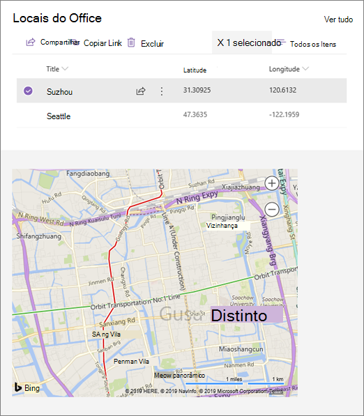 Exemplo de uma web part conectada do Inserção mostrando um local de uma lista