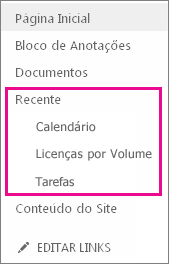 O link Recentes no Início Rápido exibe as páginas, listas e bibliotecas criadas recentemente