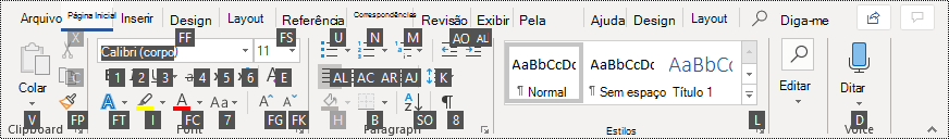 Dicas Chave na faixa de opções do Word 365