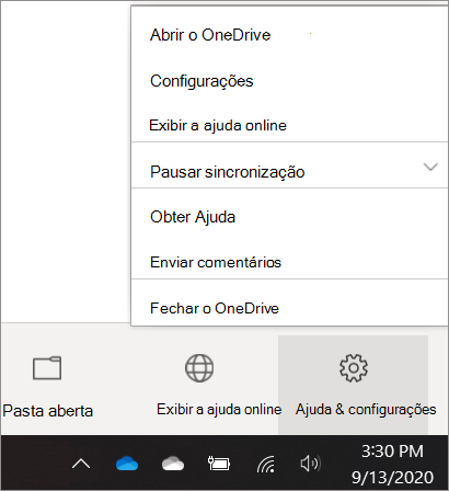 Captura de tela do acesso às Configurações do OneDrive