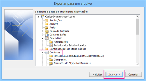 Role para cima e escolha a pasta de contatos que você deseja exportar.