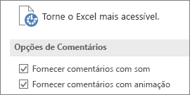 Exibição parcial das configurações de Facilidade de Acesso do Excel