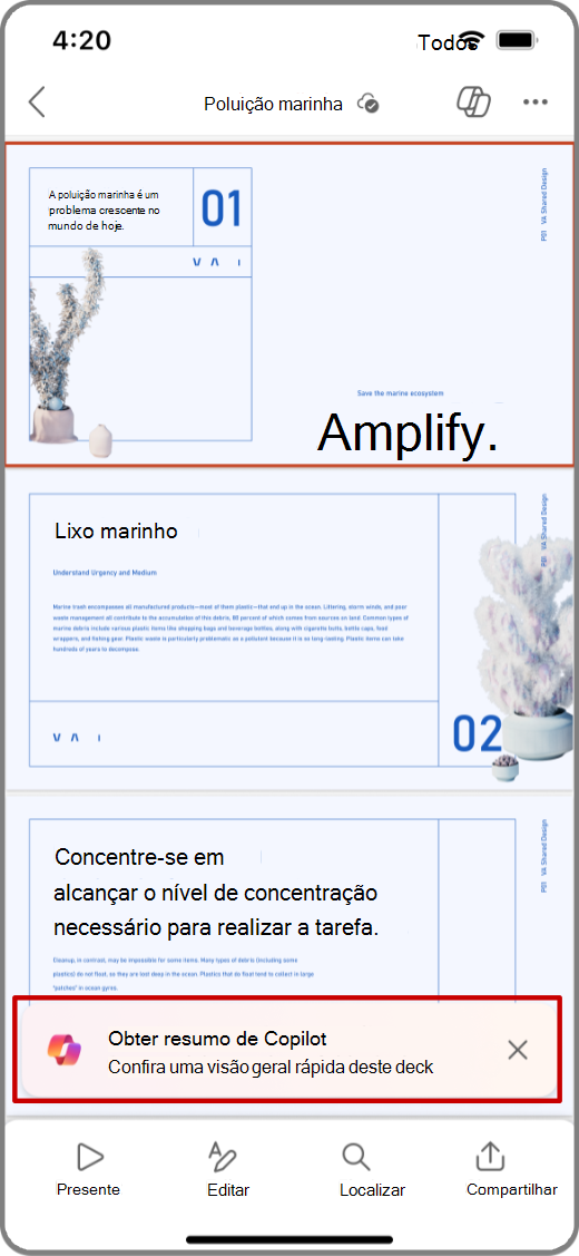 Captura de tela do Copilot no PowerPoint em um dispositivo iOS com a solicitação Obter Resumo realçado