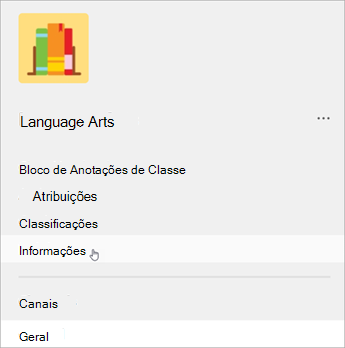 Captura de tela do painel de navegação do lado esquerdo do Teams. Uma lista mostra o bloco de notas, as tarefas e as notas da sua classe, em seguida, os insights. 