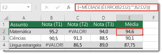 Função matriz em MÉDIA para resolve o #VALUE! erro