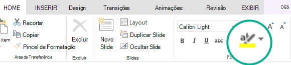 O botão Realçador de Texto está na guia Página Inicial da faixa de opções no PowerPoint Online