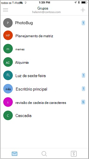 Tela inicial do aplicativo móvel dos grupos