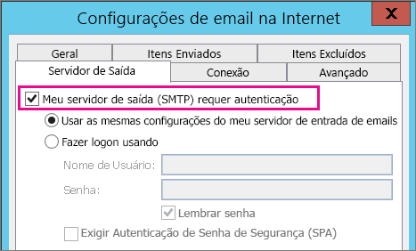 Escolha meu servidor de saída requer autenticação.