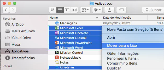 Mover os aplicativos do Office para a lixeira