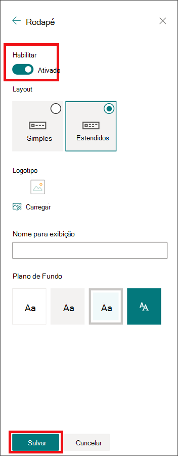 Alterar o painel de aparência com o rodapé habilitado