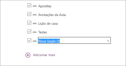 Examine as seções do bloco de anotações no Assistente de Bloco de Anotações de Classe, incluindo Apostilas,