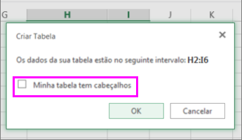 Caixa de diálogo para a conversão de intervalo de dados em uma tabela