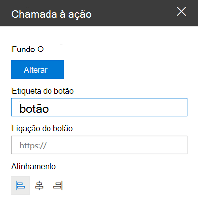 A caixa de ferramentas da peça Web Chamada à Ação para sites do SharePoint, que mostra como personalizar a ligação, o botão e o alinhamento da peça Web