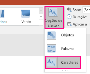 Mostra o menu Opções de Efeito da Transição Transformar com a opção Caracteres selecionada.