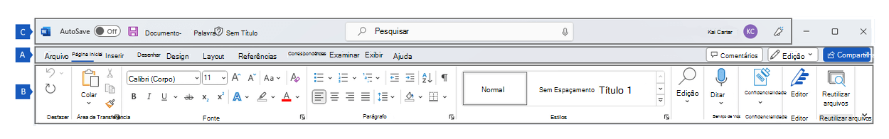 Faixa de opções em Word, mostrando as main regiões da faixa de opções.