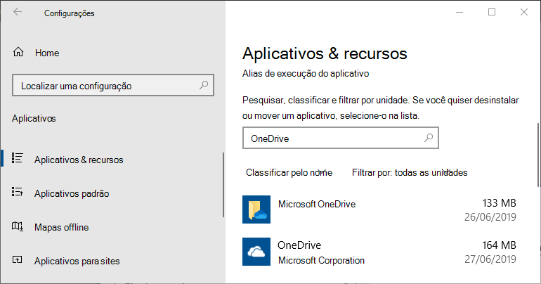 Configurações de Aplicativo OneDrive no Windows