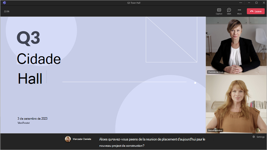 Captura de tela mostrando a exibição dos participantes de uma reunião geral com legendas traduzidas ao vivo