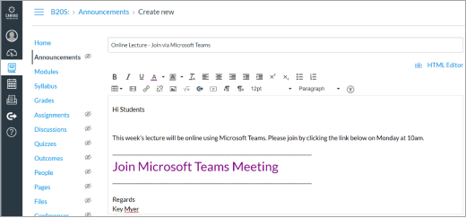 Link do Microsoft Teams na postagem do Canvas