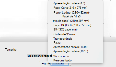 Há várias opções predefinidas de tamanho de slide na caixa de diálogo Configuração de Página