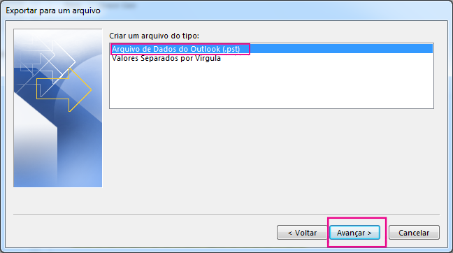 Escolha Arquivo de Dados do Outlook (.pst) e clique em Avançar.