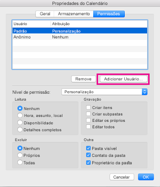 Botão Adicionar utilizador no separador Permissões do Calendário