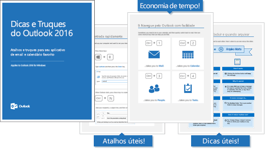 Capa do livro eletrônico Dicas e Truques do Outlook 2016, páginas mostrando algumas dicas