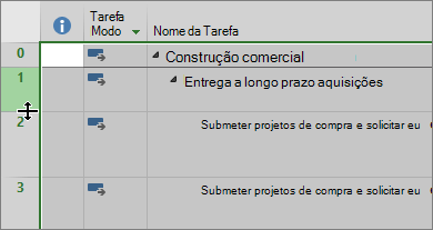 Captura de tela da exibição do gráfico do Gantt com o cursor pairando sobre o divisor de linhas