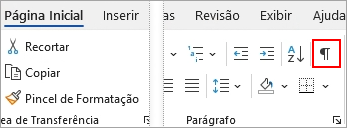 O ícone Mostrar/ocultar é realçado na guia Página Inicial.