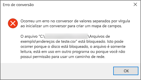 Esta é a mensagem de erro que irá receber se o seu ficheiro de .csv tiver dados mal formatados.