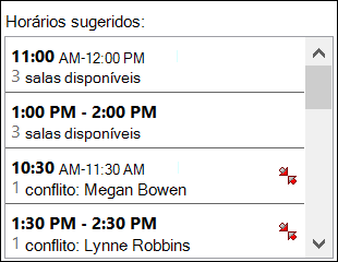 Use o seletor de Horários Sugeridos para ver quando os participantes estão disponíveis.