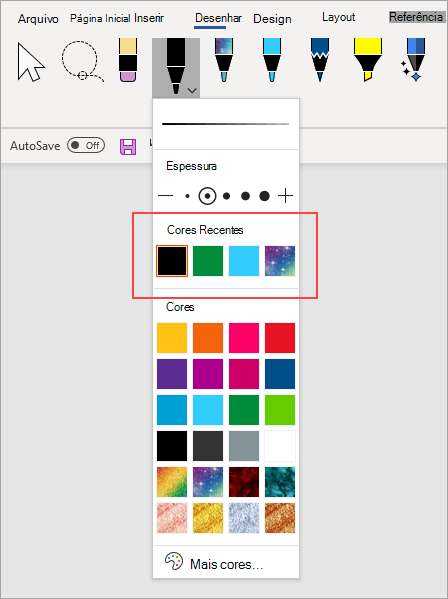 Opção de caneta Cores Recentes