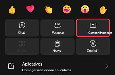 Um menu em uma reunião com opções para iniciar a gravação, colocar-se em espera, ligar para si mesmo, compartilhar, obter um teclado de discagem ou desligar uma chamada de vídeo recebida.