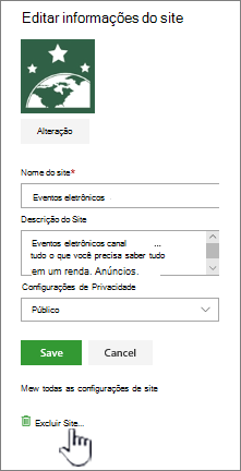 Local do site de exclusão do site da equipe do SharePoint