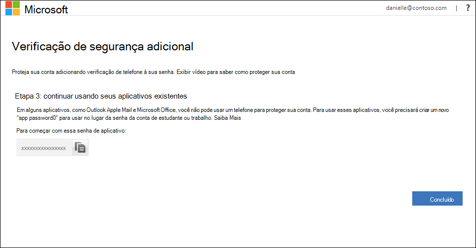 Área de senhas de aplicativo da página Verificação de segurança adicional