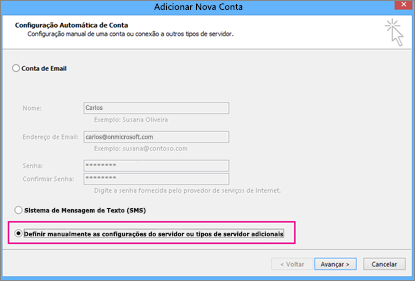 Escolha definir manualmente as configurações do servidor ou tipos de serviço adicionais.