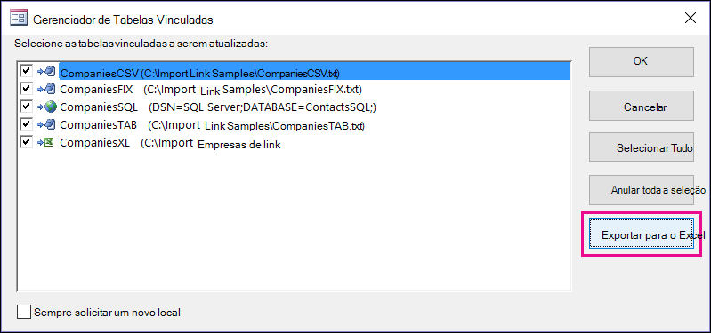 A caixa de diálogo do gerenciador de tabelas vinculadas no Access com o botão Exportar para Excel selecionado.