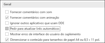 Imagem da opção Solicitar a atualização de links automáticos