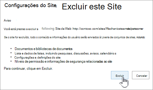 Clique em excluir se você tiver certeza de que deseja excluir o subsite