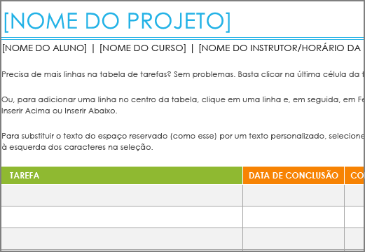 Antigo modelo Lista de tarefas do Project com uma fonte mínima de 8,5 pontos.