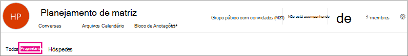 Cabeçalho de grupos com os link Proprietários realçado