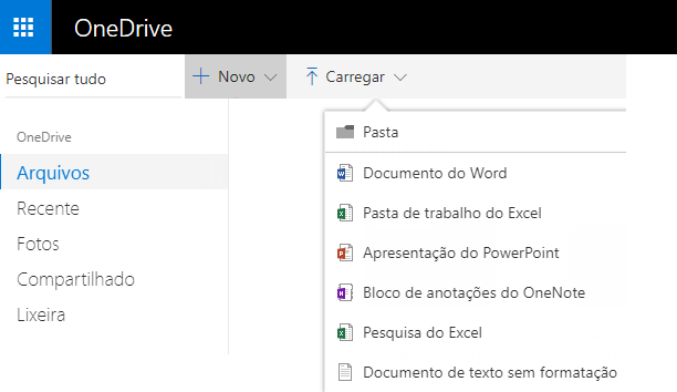 Captura de tela da criação de um documento no OneDrive.com