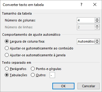 A caixa de diálogo Converter Texto em Tabela é exibida