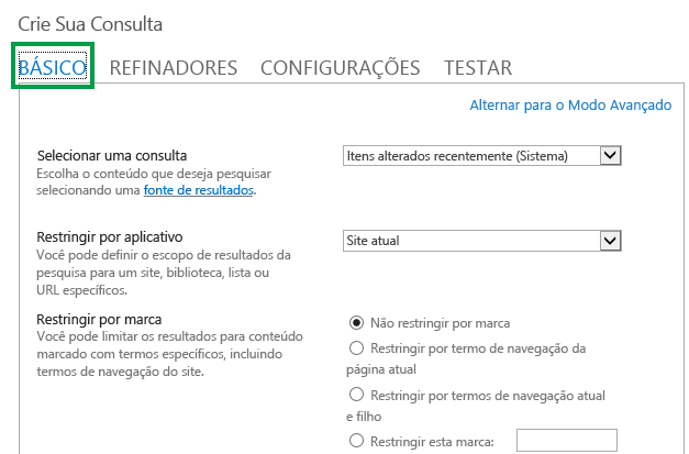 A guia BÁSICO durante a configuração da consulta em uma Web Part de Pesquisa de Conteúdo